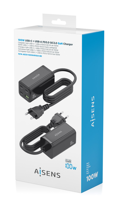 AISENS Cargador Sobremesa GaN 100W, 3x USB-C PD3.0 QC4.0 QC5.0, 1x USB-A QC3.0, Negro