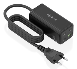 AISENS Cargador de Sobremesa GaN 100W, 4 Puertos (3x USB-C PD3.0 + 1x USB-A QC3.0), Negro - Carga Rápida para Portátil, Móvil y Tablet