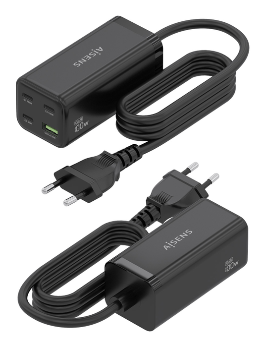 AISENS Cargador Sobremesa GaN 100W, 3x USB-C PD3.0 QC4.0 QC5.0, 1x USB-A QC3.0, Negro