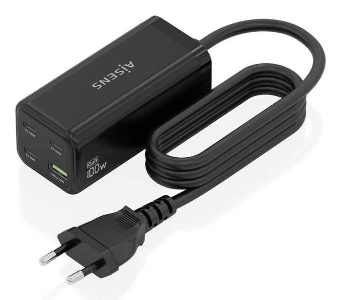 AISENS Cargador Sobremesa GaN 100W, 3x USB-C PD3.0 QC4.0 QC5.0, 1x USB-A QC3.0, Negro