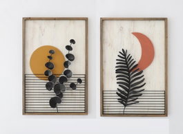 DKD Home Decor Cuadro MDF Metal 51x3x76,5 Hojas Luna 3D (Pack de 2)
