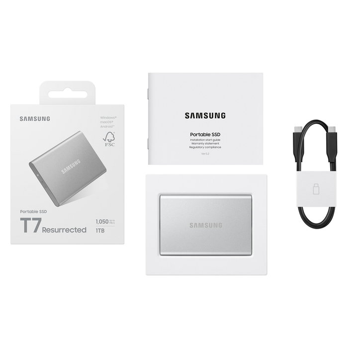SAMSUNG Portable SSD T7 1TB USB-C 3.2 Gen 2 (10 Gbps) Externo Aluminio Plata - MU-PD1T0G/WW