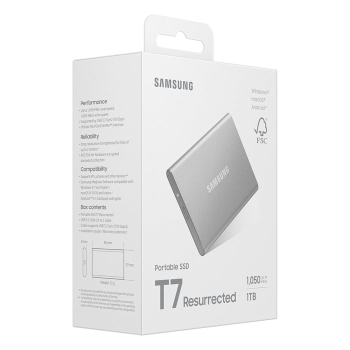 SAMSUNG Portable SSD T7 1TB USB-C 3.2 Gen 2 (10 Gbps) Externo Aluminio Plata - MU-PD1T0G/WW