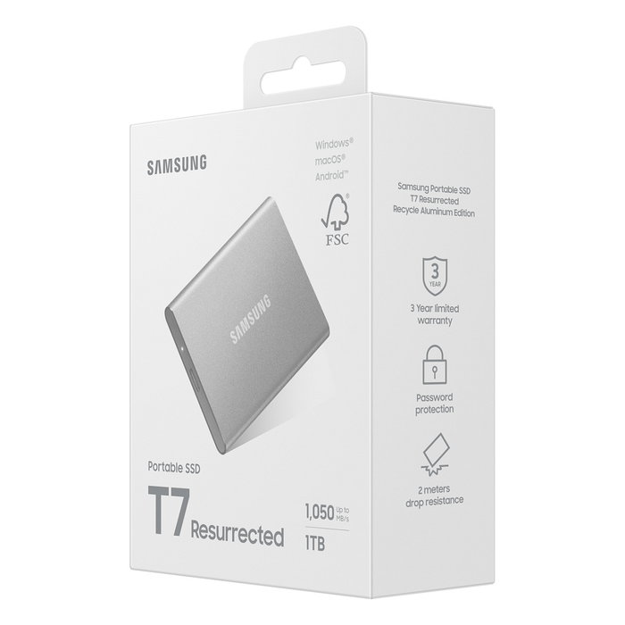 SAMSUNG Portable SSD T7 1TB USB-C 3.2 Gen 2 (10 Gbps) Externo Aluminio Plata - MU-PD1T0G/WW