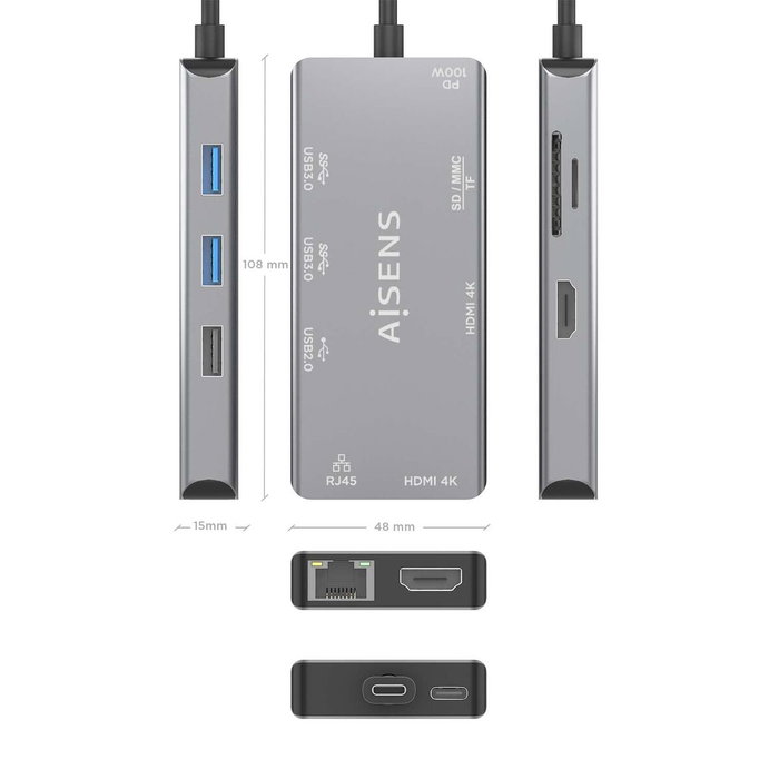 Aisens USB-C Dock 9 en 1 Gris ASUC-9P018-GR Aisens USB-C Dock 9 en 1 Gris ASUC-9P018-GR