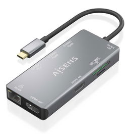 AISENS - USB-C DOCK 9 EN 1, USB-C A 2xHDMI, 1xRJ45, 2xUSB-A USB3.0, 1xUSB-A USB2.0, 1xUSB-C PD, 1xSD, 1xMICRO SD, GRIS, 15CM