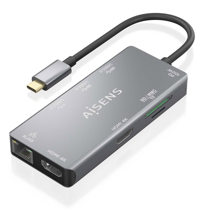 AISENS - USB-C DOCK 9 EN 1, USB-C A 2xHDMI, 1xRJ45, 2xUSB-A USB3.0, 1xUSB-A USB2.0, 1xUSB-C PD, 1xSD, 1xMICRO SD, GRIS, 15CM AISENS - USB-C DOCK 9 EN 1, USB-C A 2xHDMI, 1xRJ45, 2xUSB-A USB3.0, 1xUSB-A USB2.0, 1xUSB-C PD, 1xSD, 1xMICRO SD, GRIS, 15CM