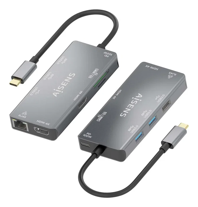 Aisens USB-C Dock 9 en 1, 2xHDMI, RJ45, USB 3.0, PD 100W, Gris