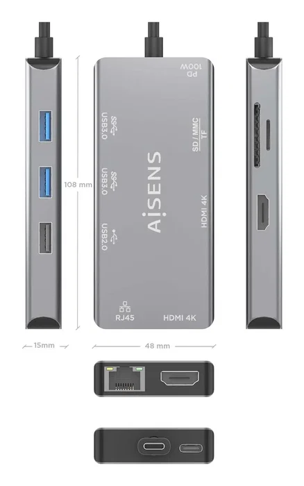 Aisens USB-C Dock 9 en 1 con 2xHDMI, RJ45 y PD, Gris