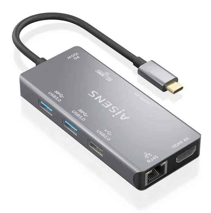 Aisens USB-C Dock 9 en 1, 2xHDMI, RJ45, USB 3.0, PD 100W, Gris