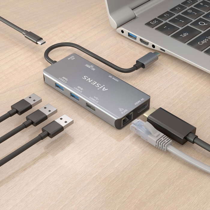 Aisens USB-C Dock 9 en 1, 2xHDMI, RJ45, USB 3.0, PD 100W, Gris