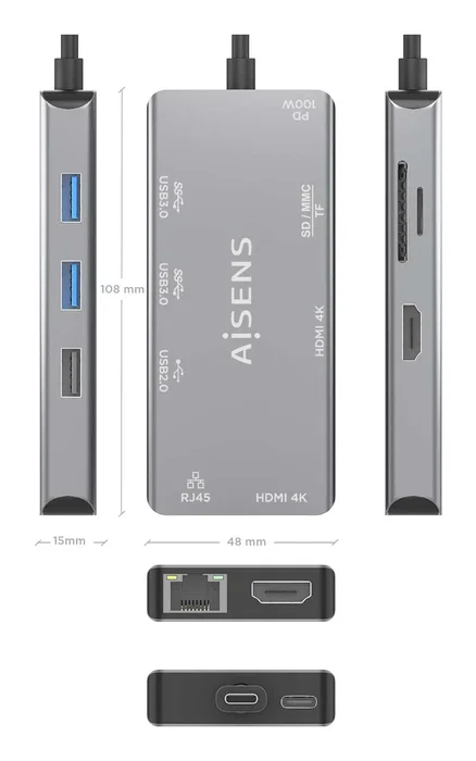 Aisens USB-C Dock 9 en 1, 2xHDMI, RJ45, USB 3.0, PD 100W, Gris
