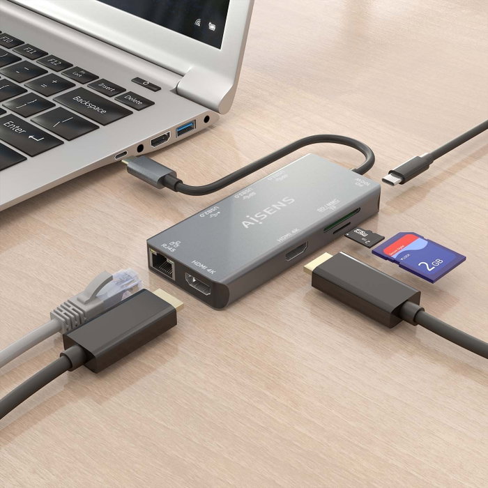 Aisens USB-C Dock 9 en 1, 2xHDMI, RJ45, USB 3.0, PD 100W, Gris