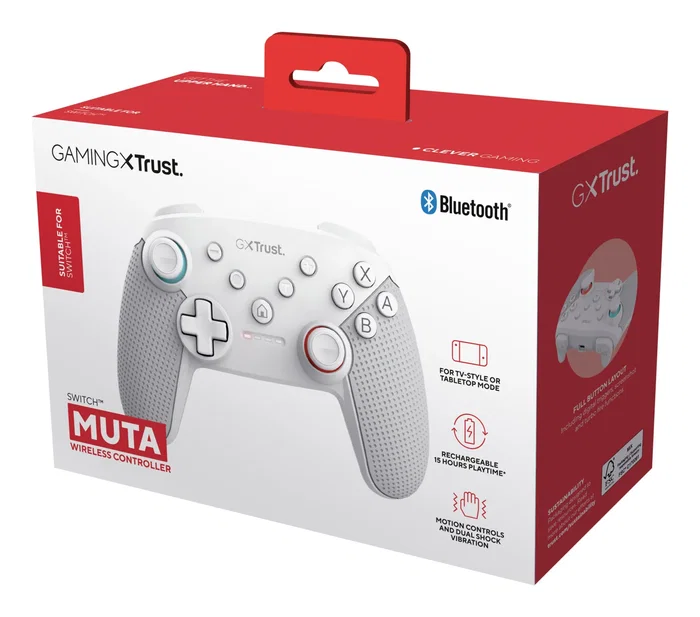 Trust GXT 1246W MUTA - Mando Inalámbrico Bluetooth para Nintendo Switch y Switch Lite, Gamepad con Vibración y Controles de Movimiento, Batería Recargable (15h), Color Blanco