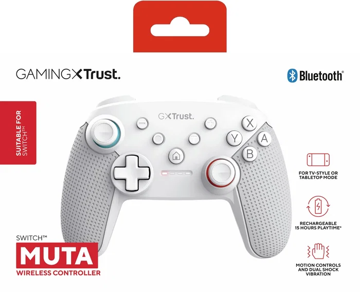 Trust GXT 1246W MUTA - Mando Inalámbrico Bluetooth para Nintendo Switch y Switch Lite, Gamepad con Vibración y Controles de Movimiento, Batería Recargable (15h), Color Blanco