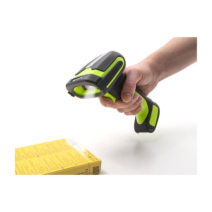 DeLOCK 90588 - Lector de códigos de barras portátil 1D/2D inalámbrico, Bluetooth 4.1 y RF 433 MHz, alcance 100 m, escaneo hasta 6.5 m, carga inductiva, batería 2600 mAh