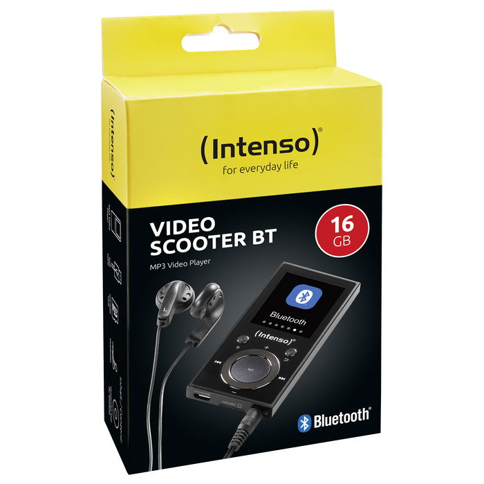 Intenso Video Scooter BT - Reproductor MP4/MP3 con Bluetooth 5.0, Pantalla LCD de 1.8 Pulgadas (4.57 cm), 16 GB de Memoria, USB 2.0, Negro, Incluye Auriculares