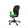 Silla de oficina Jorquera con mecanismo Sincro/Traslack tapizada con Tela color Verde y malla color Negro. Equipada con lumbar 1D, Brazos 1D y Ruedas 65mm nailon