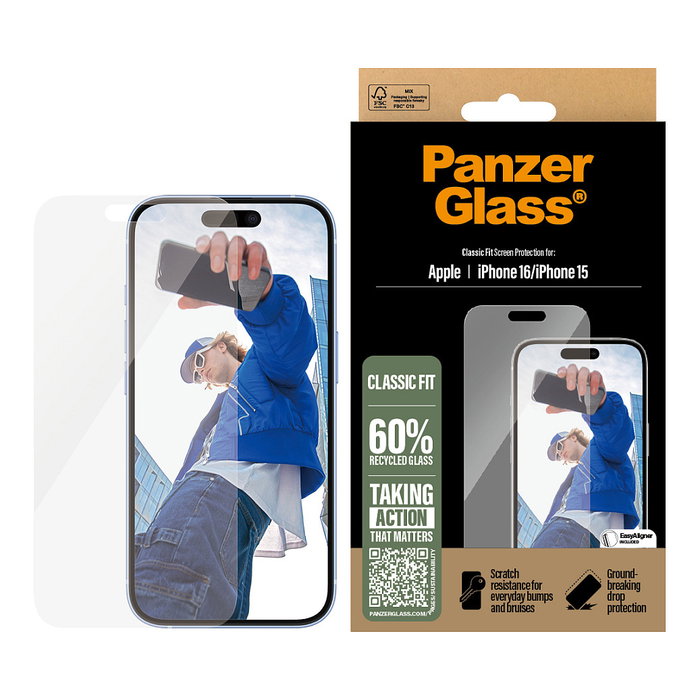 PanzerGlass Protector de Pantalla de Vidrio Templado para Apple iPhone 16 15 Classic Fit, 0.65 mm, Resistente a Golpes y Rayones, Aplicación en Seco, Incluye Kit de Limpieza