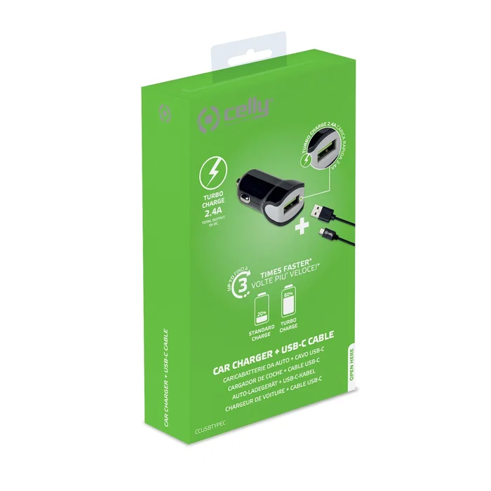 Celly Cargador de Coche Turbo 12W con Cable USB Tipo-C Negro