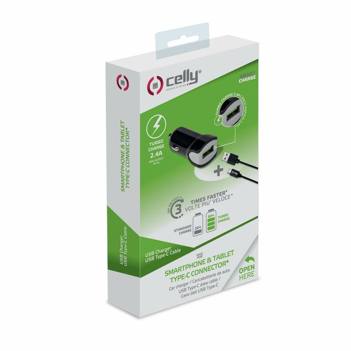 Celly Cargador de Coche USB + Cable USB-C 12W Negro