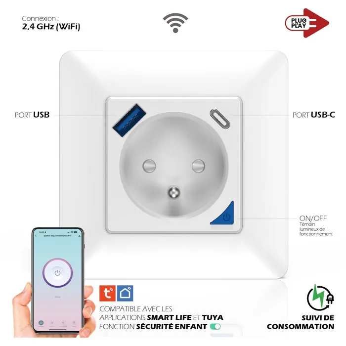 KYF Enchufe Inteligente Empotrable para Interiores Wi-Fi - Con Medidor de Energía + Puertos USB y USB-C - AABMW24973