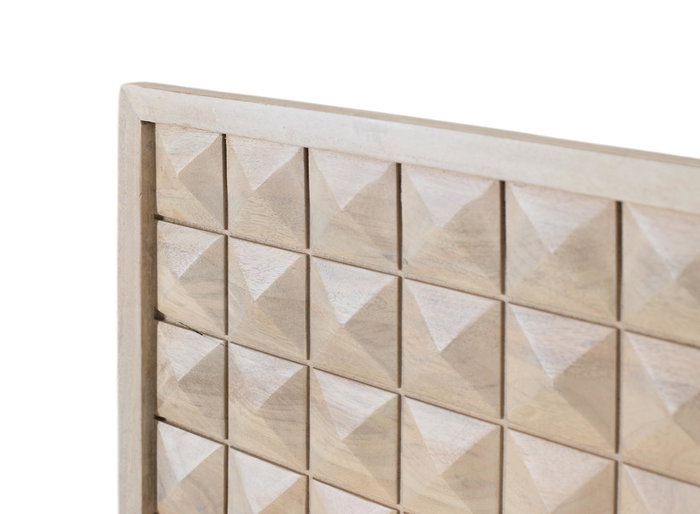 GINER Y COLOMER Cabecero de Madera de Mango 165 cm con Diseño Geométrico en Relieve de Píramides Truncadas, Acabado Natural Moderno para Dormitorio