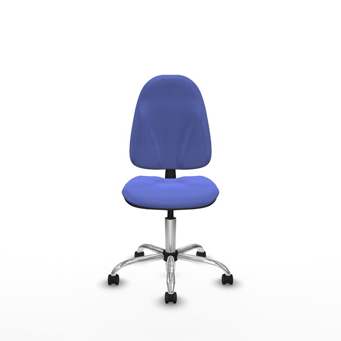 Silla de oficina Algarra con mecanismo Contacto permanente básico tapizada con Tela color Azul claro. Equipada con Base cromada, Sin brazos y Ruedas autofrenantes