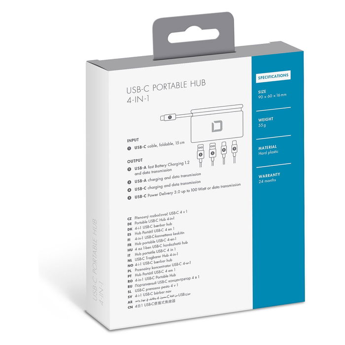 Dicota D31731 Hub Portátil USB-C 4-in-1 con 2 Puertos USB-A y Carga Rápida PD 100W, Blanco