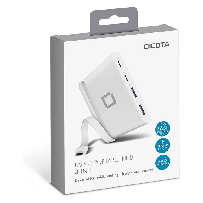 Dicota D31731 Hub Portátil USB-C 4-in-1 con 2 Puertos USB-A y Carga Rápida PD 100W, Blanco