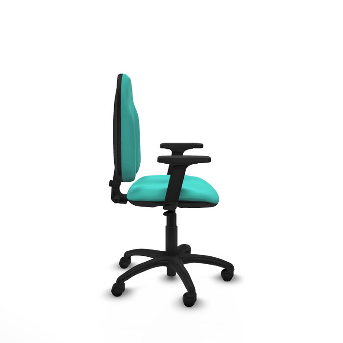 Silla de oficina Algarra con mecanismo Contacto permanente básico tapizada con Similpiel color Turquesa. Equipada con Base poliamida negra, Brazos 2D y Ruedas de nailon 50 mm Silla de oficina Algarra con mecanismo Contacto permanente básico tapizada con Similpiel color Turquesa. Equipada con Base poliamida negra, Brazos 2D y Ruedas de nailon 50 mm