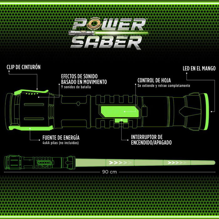 Power Saber - Sable Luminoso Escala 1:1 Color Verde con Proyección y Retracción Automática, Efectos de Sonido por Movimiento y Empuñadura con Luz Power Saber - Sable Luminoso Escala 1:1 Color Verde con Proyección y Retracción Automática, Efectos de Sonido por Movimiento y Empuñadura con Luz