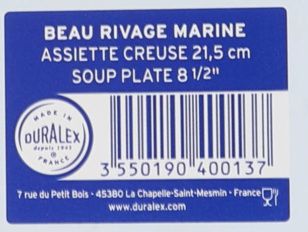 Duralex Plato Hondo Marine "Beau Rivage" Ø21.5 cm - Colección Marine, Dimensiones 21.1 x 3.7 x 21.1 cm (36 Unidades)