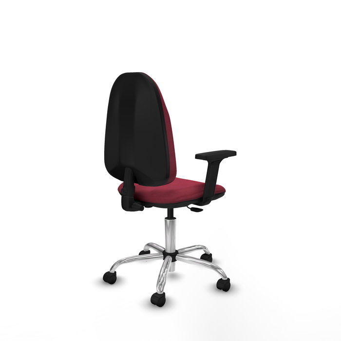 Silla de oficina Algarra con mecanismo Contacto permanente básico tapizada con Tela color Granate. Equipada con Base cromada, Brazos 2D y Ruedas de nailon 50 mm