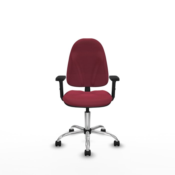 Silla de oficina Algarra con mecanismo Contacto permanente básico tapizada con Tela color Granate. Equipada con Base cromada, Brazos 2D y Ruedas de nailon 50 mm