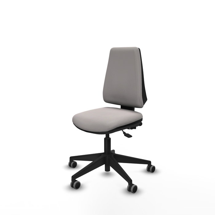 Silla de oficina Elche con mecanismo Asincro tapizada con Similpiel color Blanco. Equipada con Base piramidal negra, Sin brazos y Ruedas 65 mm parqué