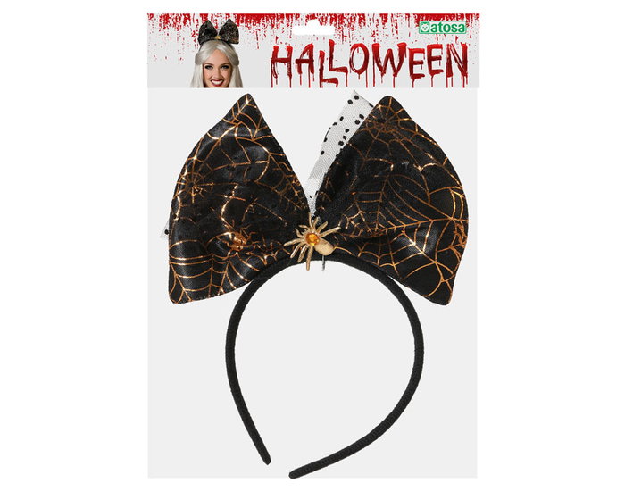 Diadema Halloween Pajarita Negro y Dorado con Arañas y Telaraña Elegante y Original para Mujer Adulto