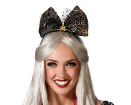 Diadema Halloween Pajarita Negro y Dorado con Arañas y Telaraña Elegante y Original para Mujer Adulto