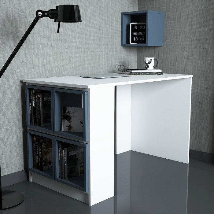 Hanah Home Mesa de Estudio Box Blanca y Azul 120x75x65 cm con Estanterías