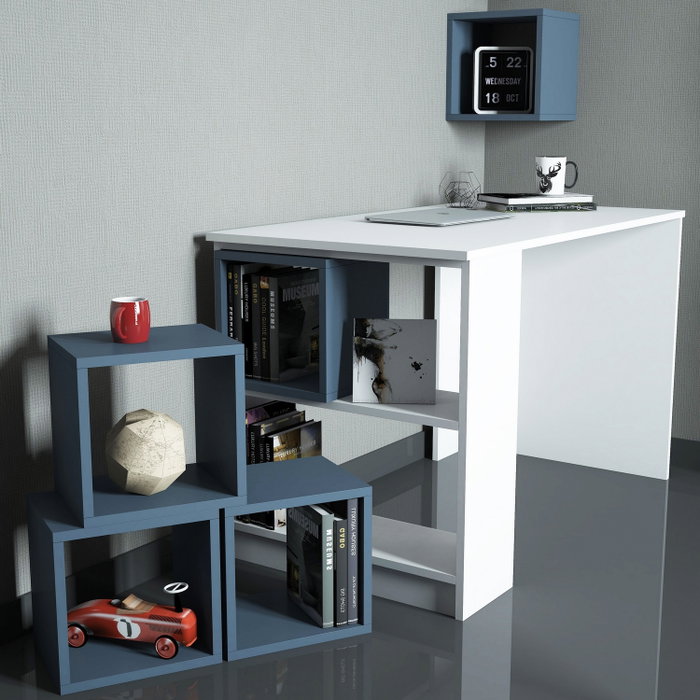 Hanah Home Mesa de Estudio Box Blanca y Azul 120x75x65 cm con Estanterías