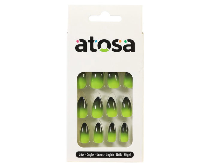 Uñas Postizas Estilo Almendra con Degradado Verde Fluorescente y Negro - Maquillaje Artístico para Halloween y Disfraces Uñas Postizas Estilo Almendra con Degradado Verde Fluorescente y Negro - Maquillaje Artístico para Halloween y Disfraces