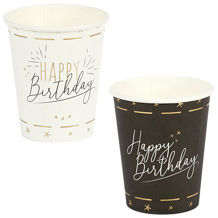 Party Time Juego de 6 Vasos de Cartón para Cumpleaños, 200ml, Modelos Surtidos (Blanco, Negro)