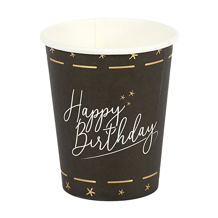 Party Time Juego de 6 Vasos de Cartón para Cumpleaños, 200ml, Modelos Surtidos (Blanco, Negro)