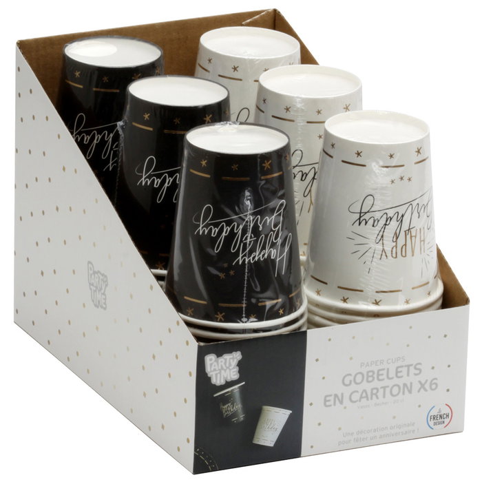 Party Time Juego de 6 Vasos de Cartón para Cumpleaños, 200ml, Modelos Surtidos (Blanco, Negro)