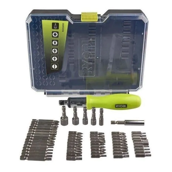 Ryobi RAK59SD Estuche de 59 puntas de destornillador con destornillador de trinquete - Incluye tipos Philips, Plano, Pozidriv y Torx