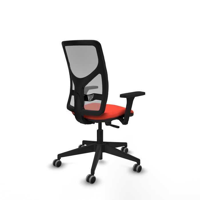 Silla de oficina Motilla con mecanismo Sincro tapizada con Tela color Naranja oscuro y malla color Gris. Equipada con lumbar 1D, Brazos 3D y Ruedas 65 mm parqué