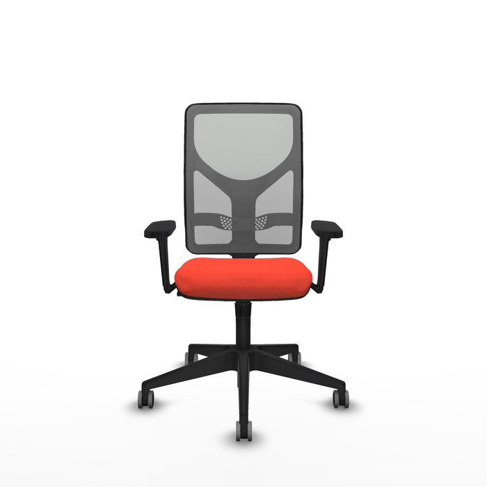 Silla de oficina Motilla con mecanismo Sincro tapizada con Tela color Naranja oscuro y malla color Gris. Equipada con lumbar 1D, Brazos 3D y Ruedas 65 mm parqué
