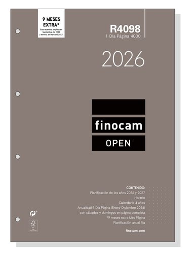 Finocam Recambio Anual Agenda de Anillas Open R4098 2026 210x297 mm Finocam Recambio Anual Agenda de Anillas Open R4098 2026 210x297 mm