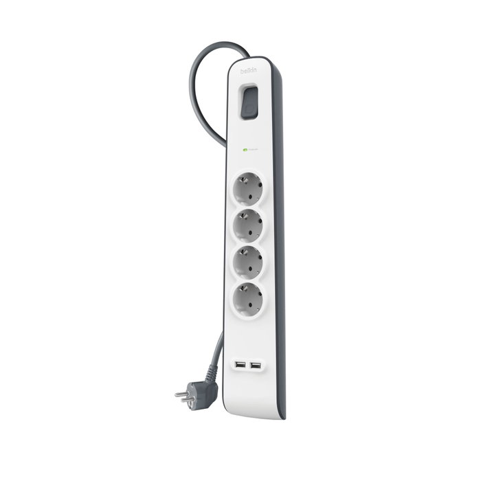 Belkin Regleta de Protección contra Sobretensiones con 4 Tomas y 2 Puertos USB, Cable 2m, Blanco/Gris Belkin Regleta de Protección contra Sobretensiones con 4 Tomas y 2 Puertos USB, Cable 2m, Blanco/Gris
