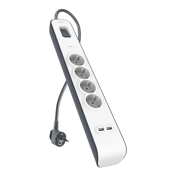 Belkin Regleta de Protección contra Sobretensiones con 4 Tomas y 2 Puertos USB, Cable 2m, Blanco/Gris Belkin Regleta de Protección contra Sobretensiones con 4 Tomas y 2 Puertos USB, Cable 2m, Blanco/Gris